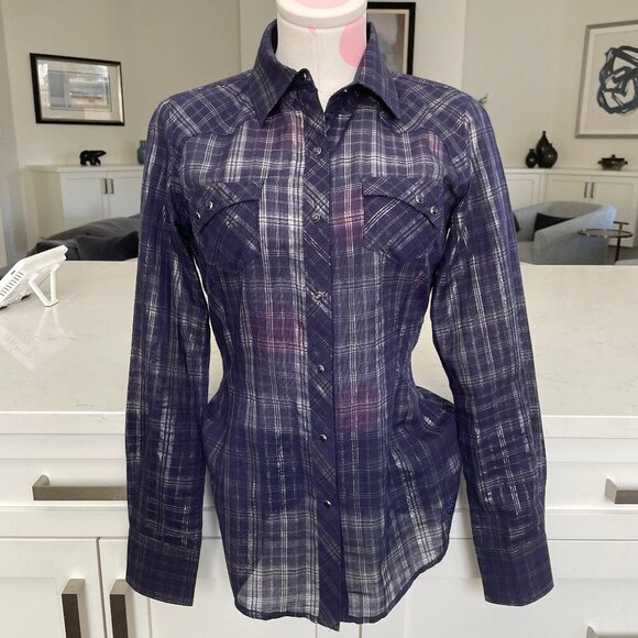 Ariat Fitted Snap Down Metallic Plaid Western Shirt Cowgirl Deep Purple XS NWOT - Picture 1 of 14